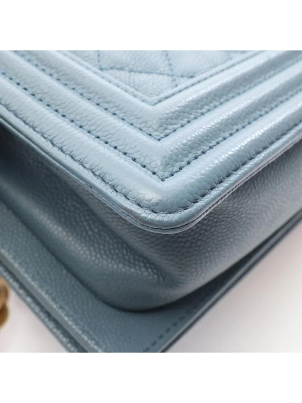 Chanel Shoulder Bag Boy Small Blue Gray Caviar Leather Chain